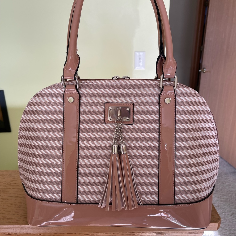 Pink and white tassel handbag